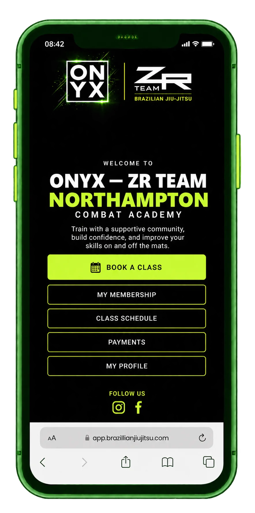 Onyx and ZR Team Northampton member app promotional graphic with class booking and membership options