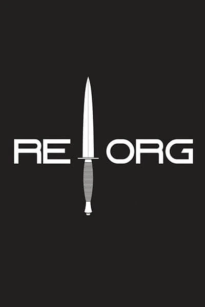 REORG logo with a white dagger symbol on a dark background